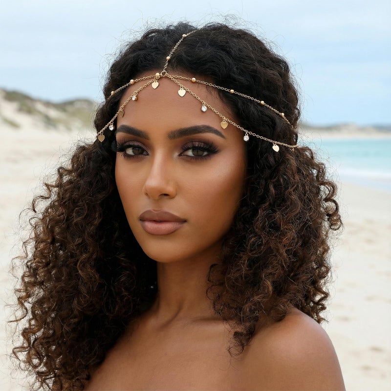 Nogeqi سلسلة رأس ذهبية مرصعة بأحجار الراين والترتر، قطعة رأس مصرية ذهبية، مجوهرات رأس جنية للنساء والفتيات، إكسسوارات شعر مصرية للمهرجانات وحفلات الزفاف والعرائس - Image 3